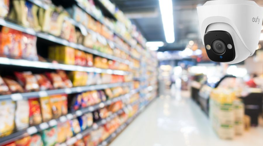 Câmera de segurança no corredor de um supermercado